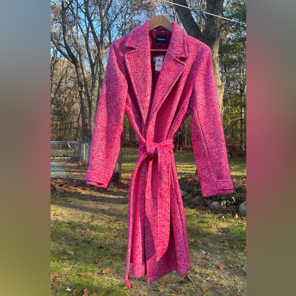 Express Pink Herringbone Belted Trench Coat